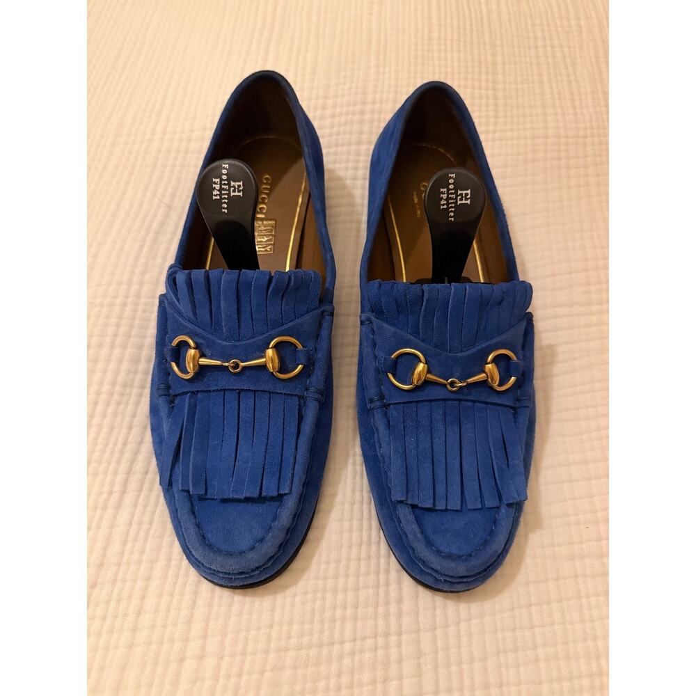 Gucci Women Blue Suede Fringed Loafer Moccasins